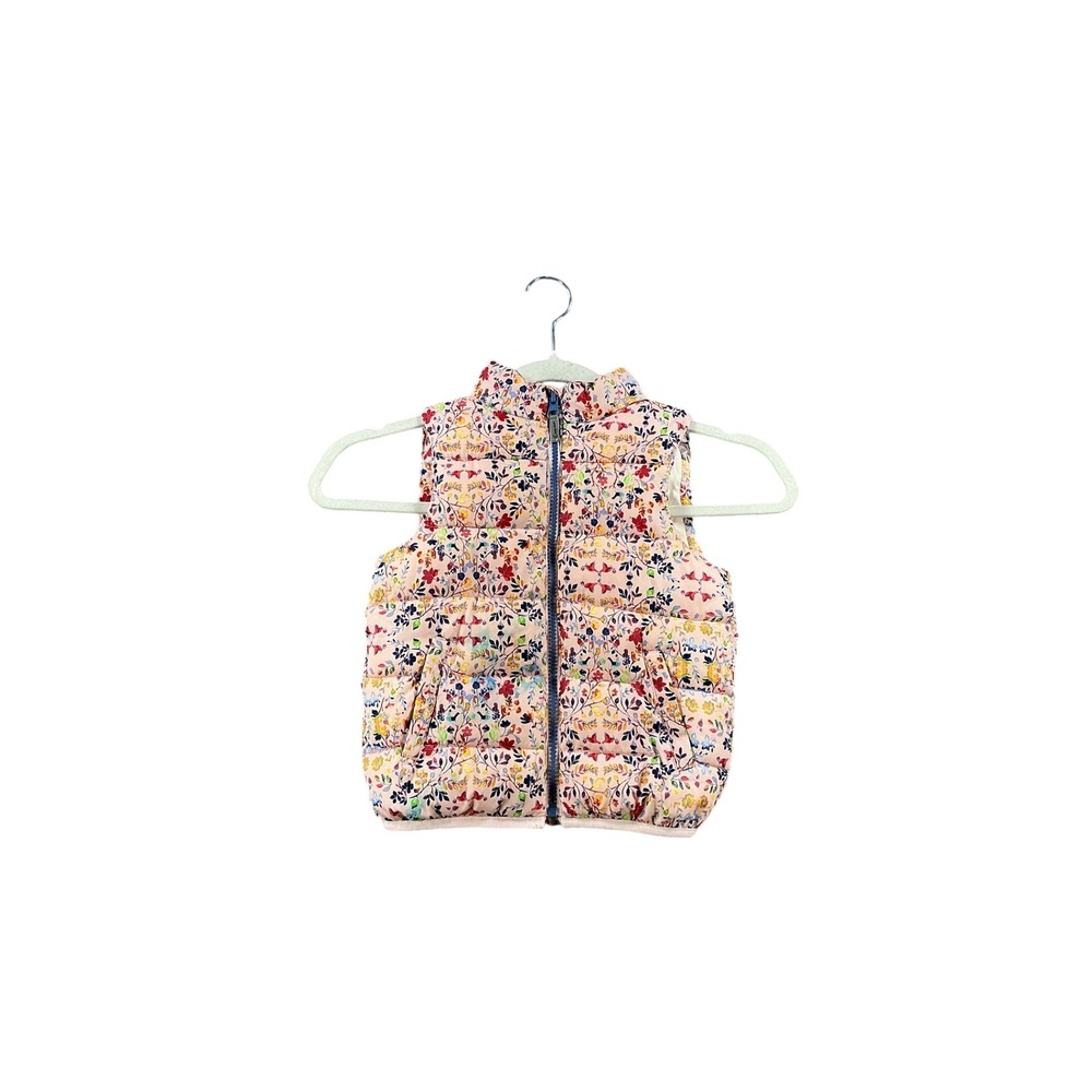 Zara BabyGirl Floral Bird Print Puffer Vest Pink Quilted Sleeveless Jacket 3/4Y
